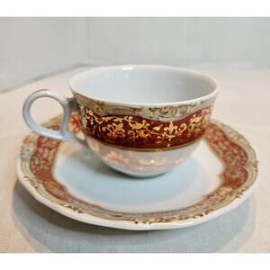 Teacup and Saucer Andrea by Sadek Winterthur porcelain Red Gold
